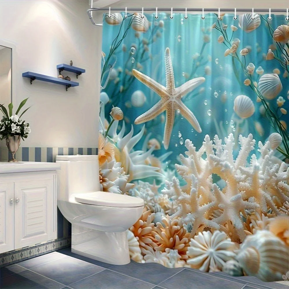 

1 шт. занавеска для душа с принтом морской звезды и кораллового рифа — яркий дизайн подводного мира, полиэстеровый декор для ванной комнаты без сверления с крючками,