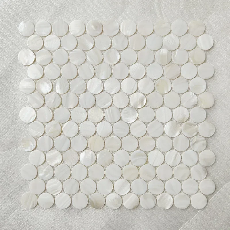 fo-11Pcs Super White Round Natural Shell Mosaic Wall Art 30x30cm Self-Adhesive Shells for Bathroom TV Background Decorat