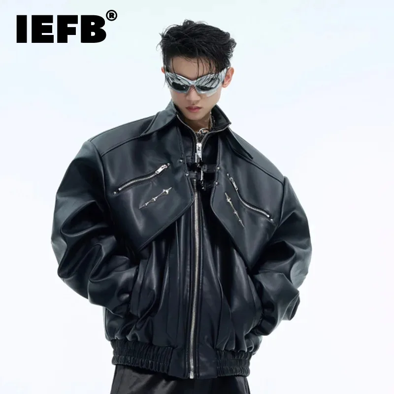 IEFB Double Layer Deconstruction Men's Jacket Metal Buckle Design PU Leather Zipper Patchwork 2024 Solid Color Male Tops 24E5174