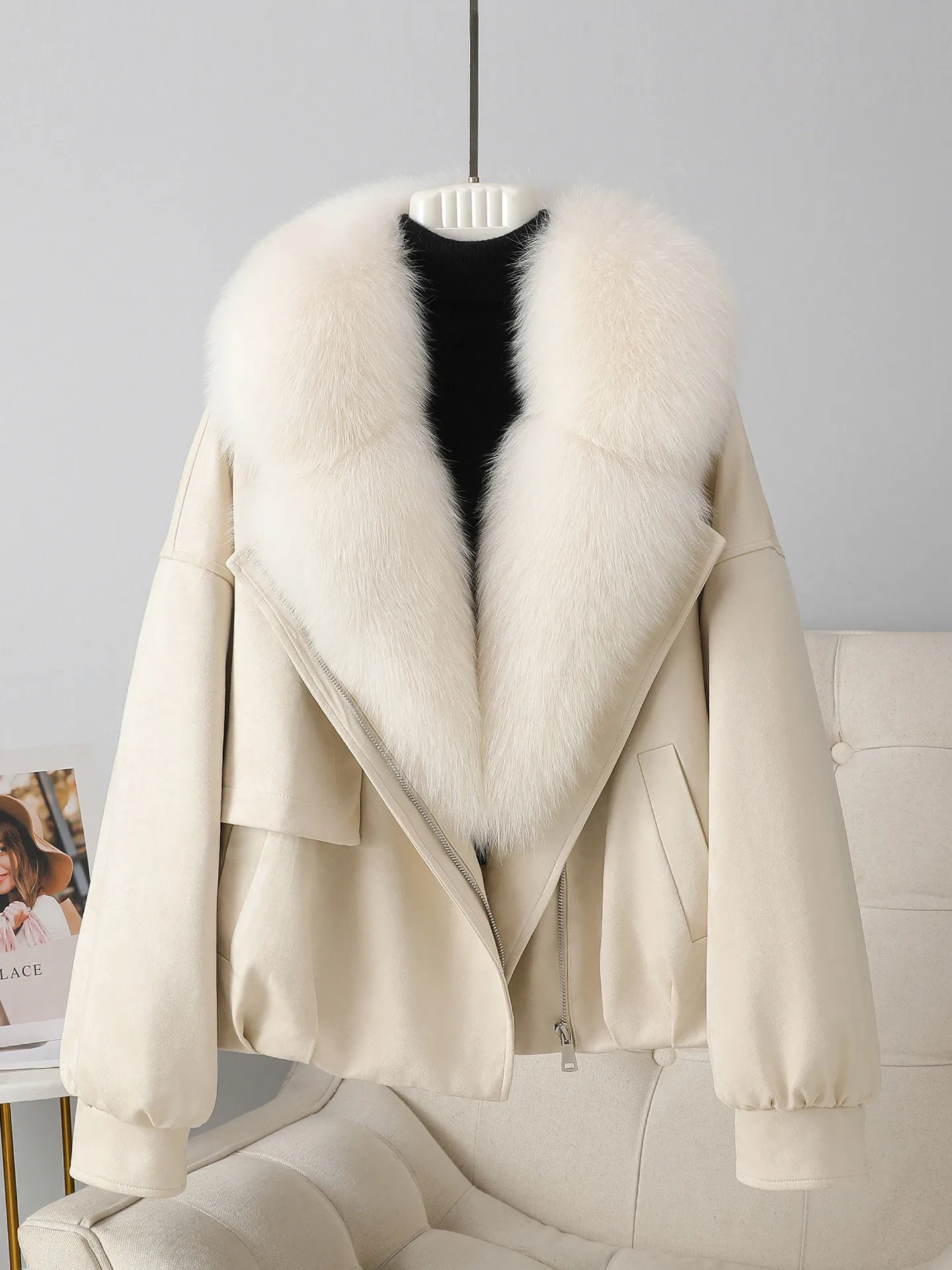 High-end Haining fur 90 white goose down jacket fox fur collar women's short down jacket suede small jacket