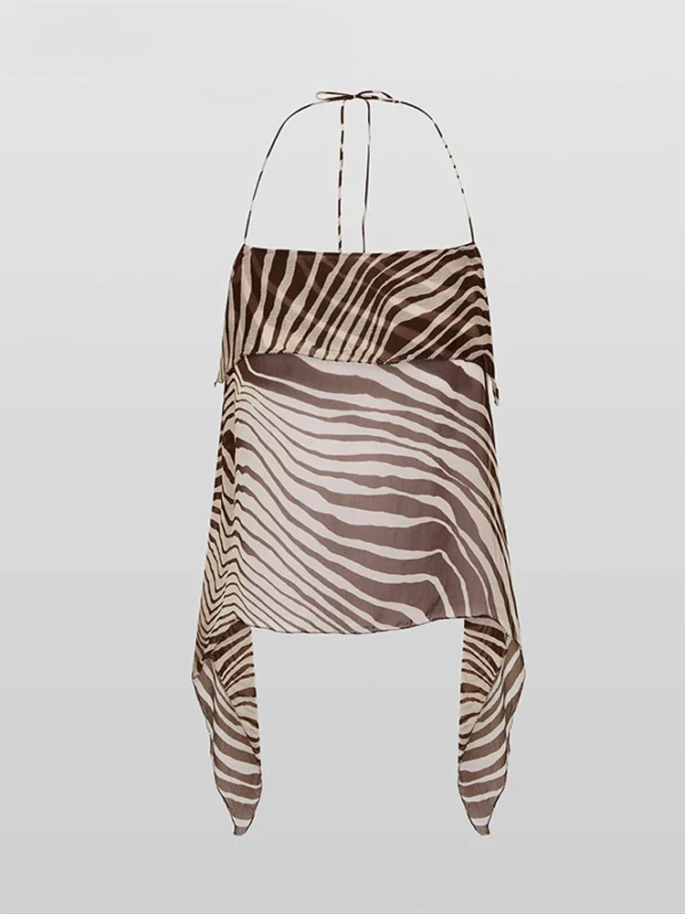 Vintage Beach Stripe Printed Women's Slip Top Skirt Suits Beach Sleeveless Bandage Top Pleated Skirts 2025 Summer Lady Outfit