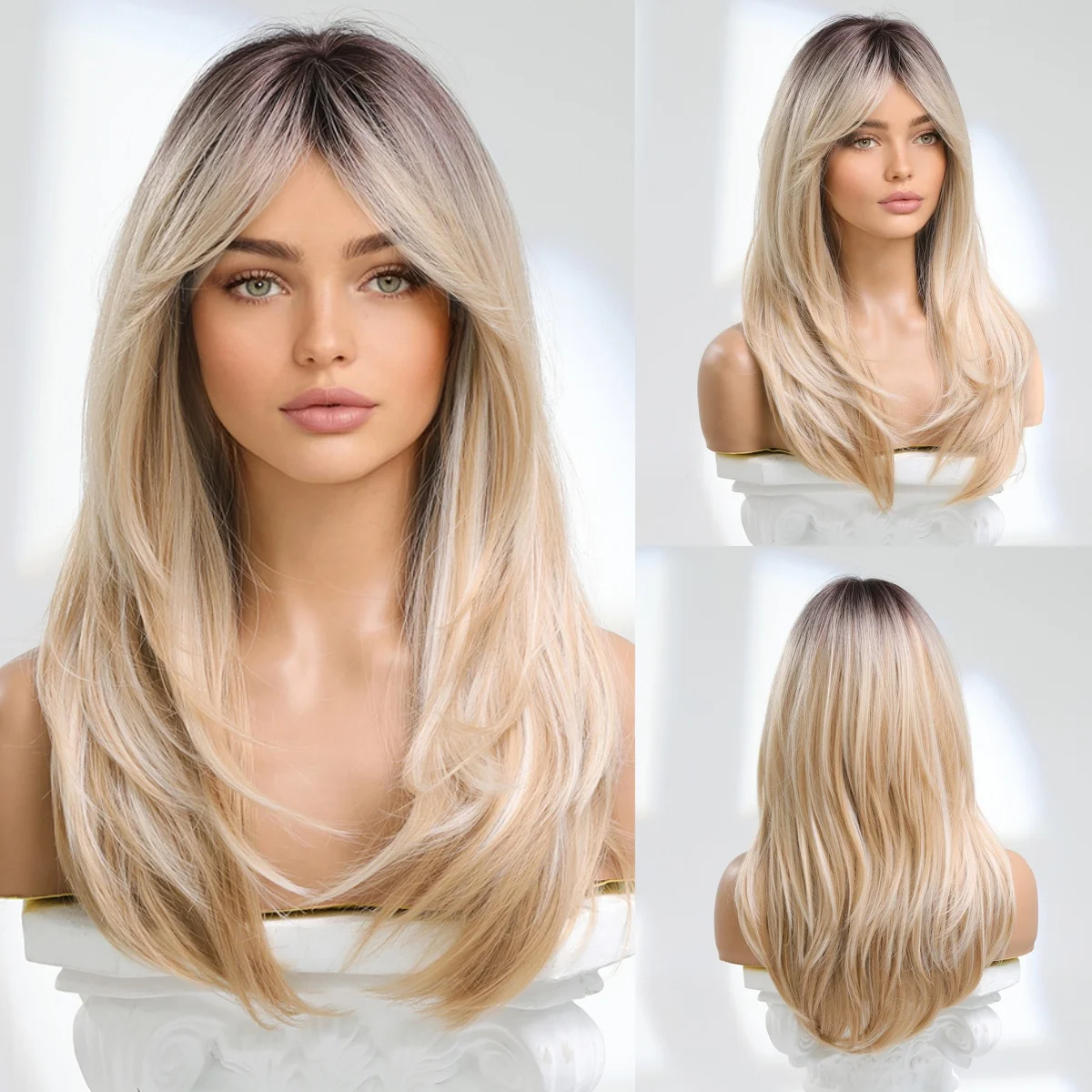 

ESIN Блондинка Ombre Синтетический парик с челкой Натуральные многослойные парики для женщин Повседневная вечеринка Лолита Искусственные волосы Темный корень Термостойкие