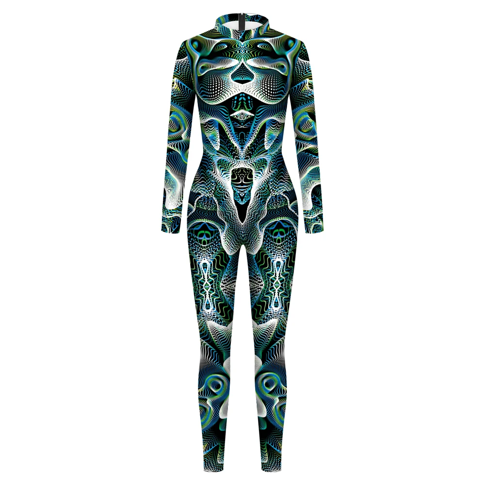 Zawaland monos de fantasía para adultos, Bodysuit Zentai de manga larga con estampado 3D de geometría abstracta, disfraces de Cosplay para fiesta y actuación