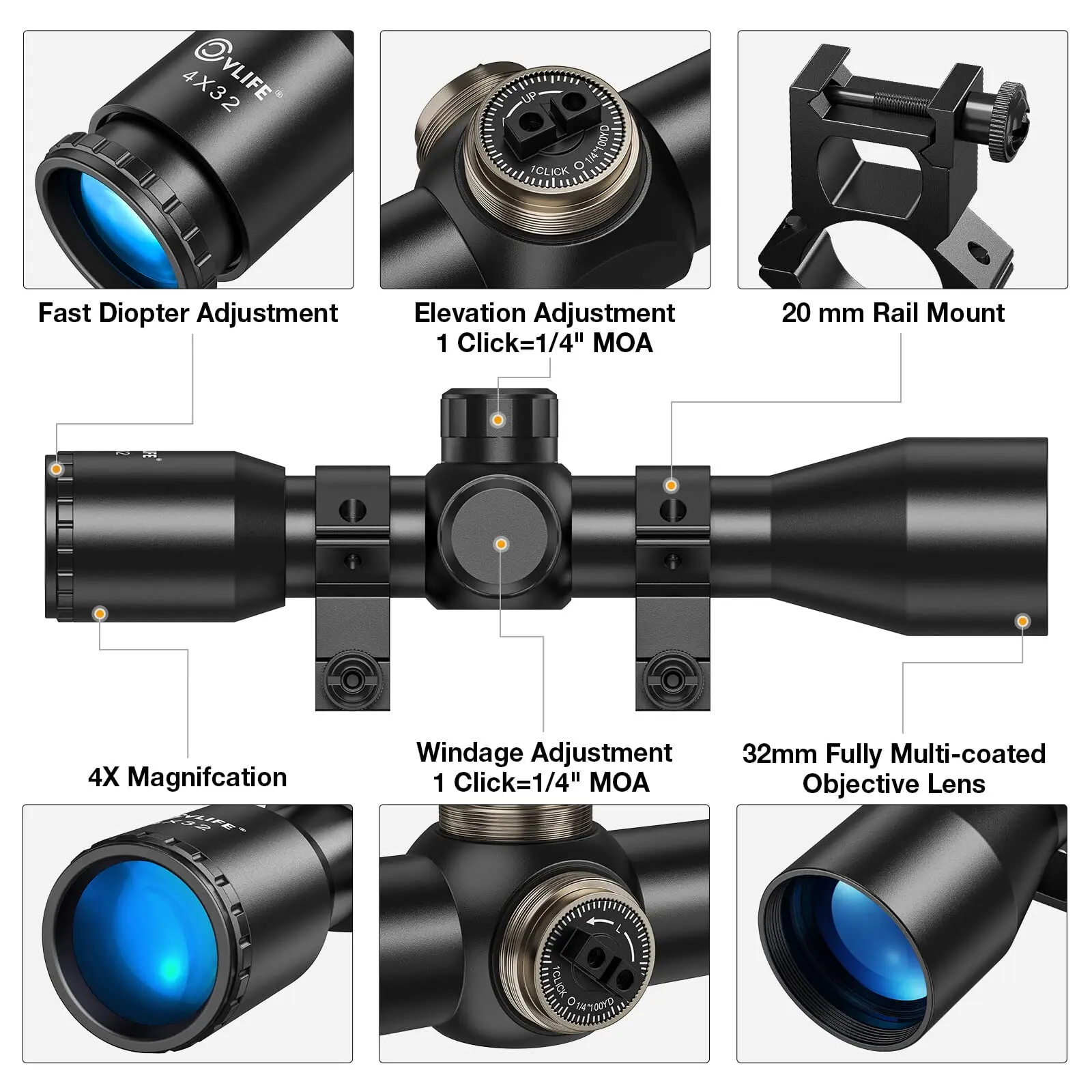 CVLIFE 4x32 Compact Rifle Scope Mil-dot Crosshair Mira Óptica para Carabina Shotgun Airgun 11mm/20mm Rail Hunting