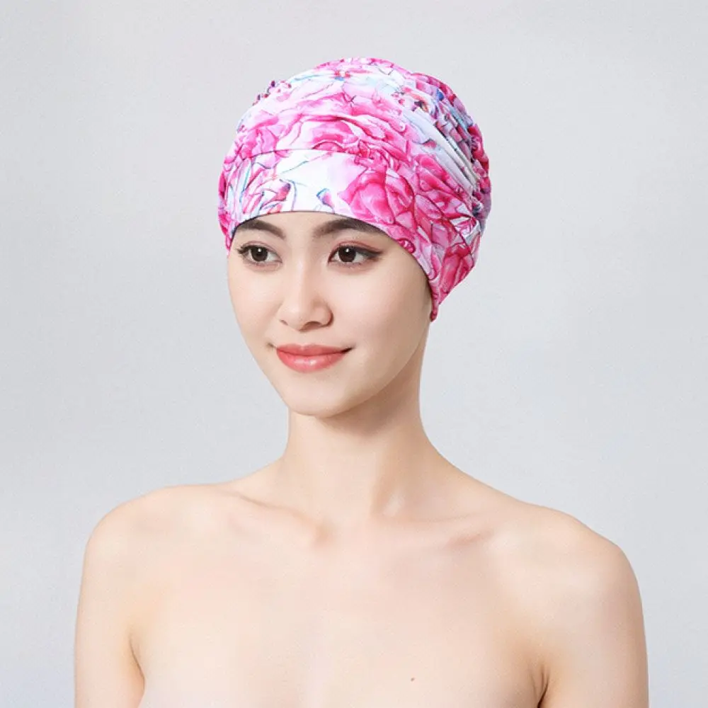 Women Swim Hat For Long Hair Printed Nylon Elastic Swimming Cap Waterproof Bathing Accessories Pool Beach Training Equipment