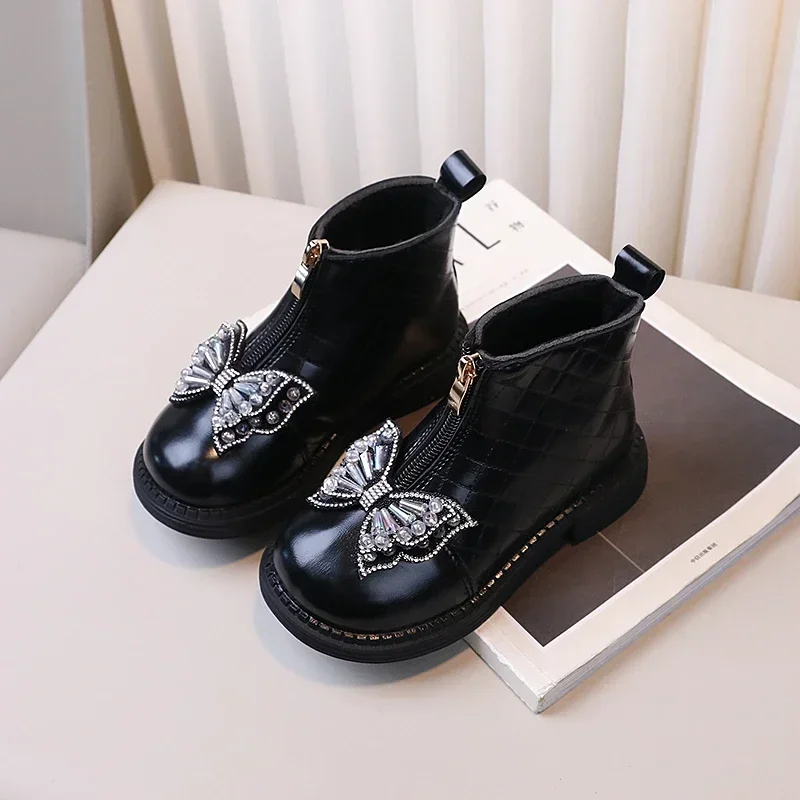 Kids Warm Leather Boots Non-slip Girls Fashion Boots with Sweet Bow 2024 New Children Short Princess Shoes with Front Zipper