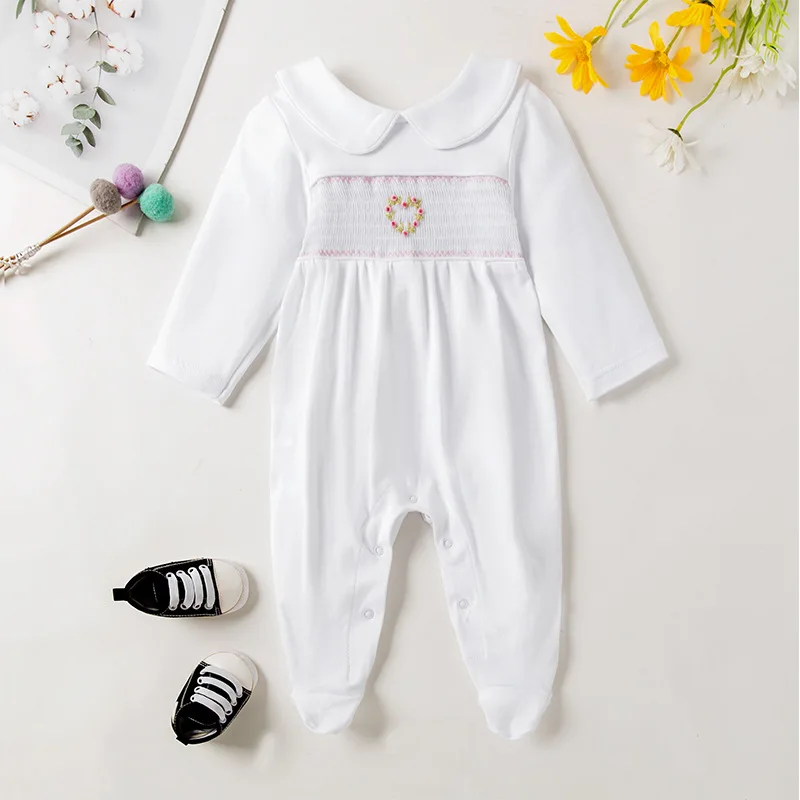 New Baby Bodysuit Handmade Embroidery White Knitting Retro Newborn Baptism Romper Baby Baby Girl Clothes Newborn Clothes