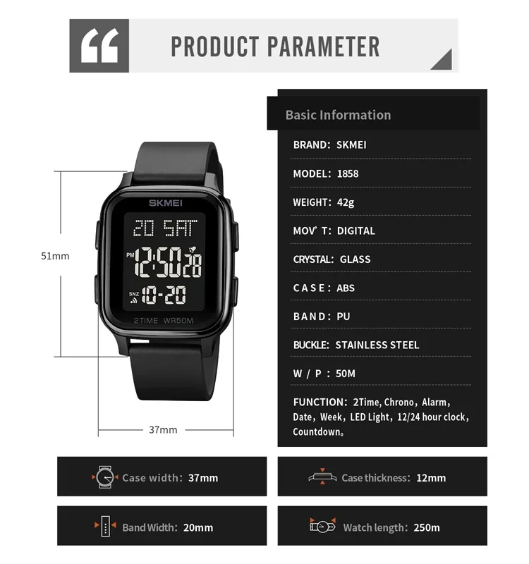 SKMEI 1858 남성용 방수 달력 카운트다운 전자 손목시계, LED 조명, 디지털 시계, 패션 시계, 5Bar
