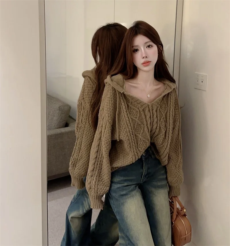 Soft Cozy V-Ne Long Sve Women's Knitwear Spring Autumn Loose Fit Hooded Sweater Comfortable Breathable Warm Thermal Top