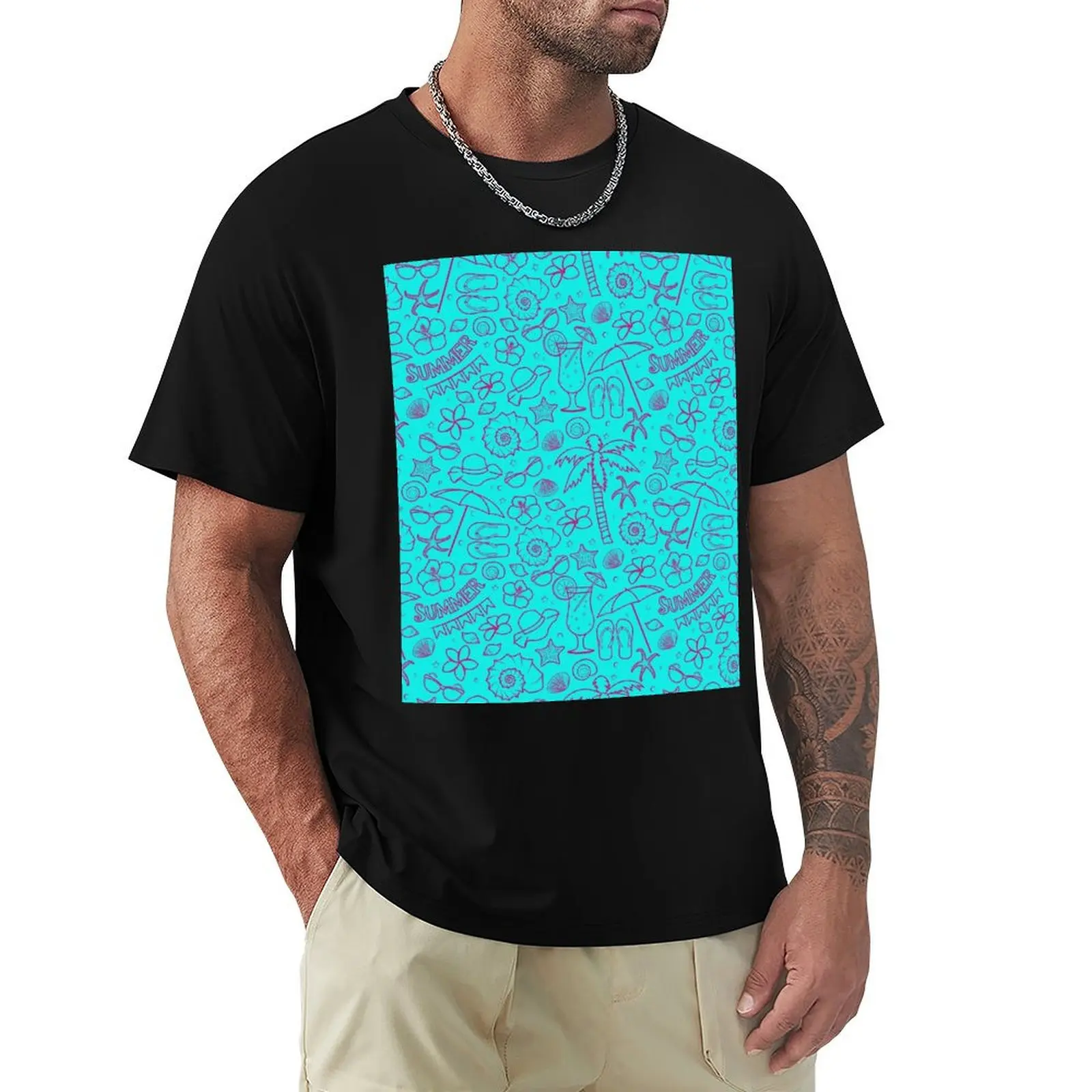 

Summer Sea Pattern. Vector background with seashells, starfish, palm tree, umbrella, glasses, flowers. T-Shirt