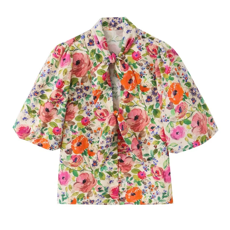 

Summer Bow Collar Short Sleeve Floral Print Shirt Women Single Breasted Versatile Shirts Female Casual Holidays Wear 2026 New