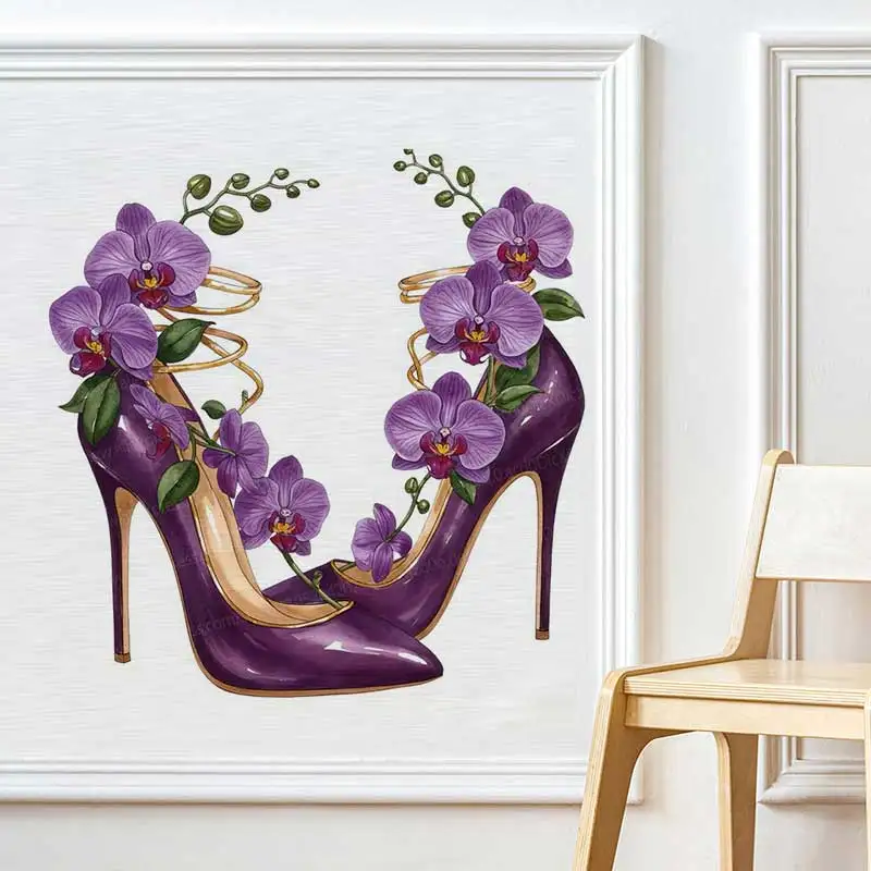

Elegant Fashion Flower Shoe Watercolor Wall Stickers Suitable for Shoe Store And Home Decor AA290