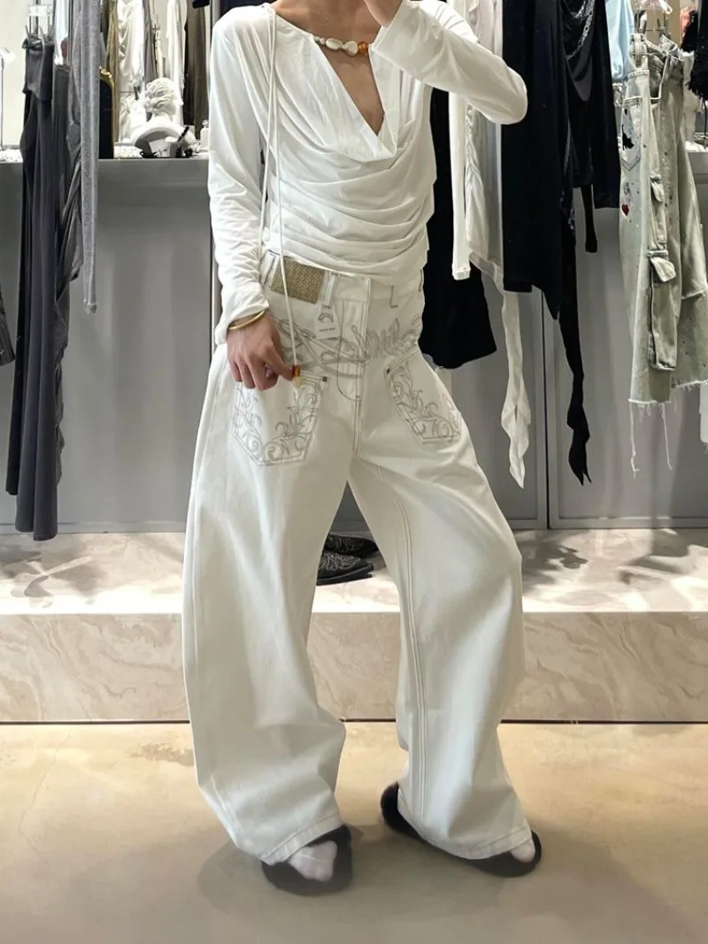 بنطلون جينز أبيض مطرز بجيب أمريكي عتيق للنساء ملابس خروج فضفاضة غير رسمية عالية الخصر وواسعة الساق من قماش الدنيم بنطلون عتيق #3