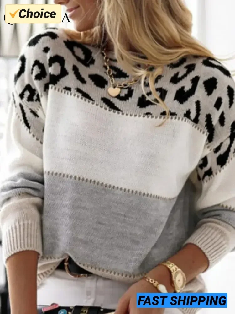 2024 Autumn Winter Color Leopard Print Women\'s Sweater Knit Long Sleeve Top Korean Fashion Streetwear Oversized Vintage Pullover