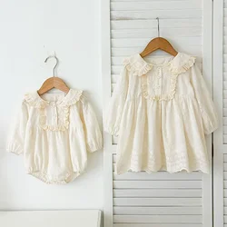 2025 Spring Sister Clothes Kids Princess Dresses Baby Girls Romper Long Sleeve Cotton Lace Princes Dress Baby Girl Clothing Suit