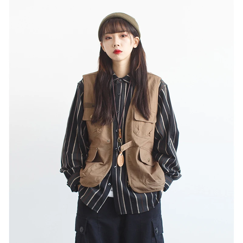 

RCDB Retro Japanese Style Pocket Zipper Workwear Vest Loose Casual Short Jacket Top for Men And Women Street Style Cotton V-Neck