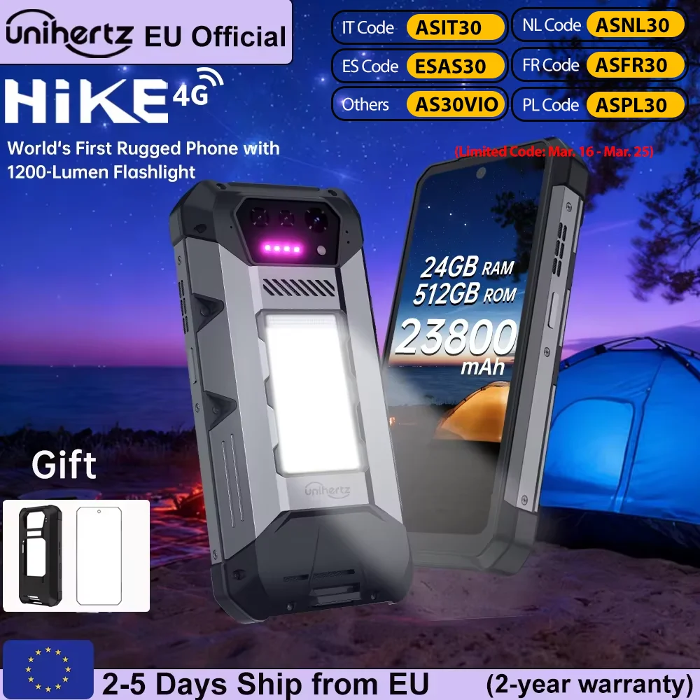 Unihertz Hike 8849 Smartphone robuste Android 14 avec lampe de poche 200 mètres 23800mAh double haut-parleur 24GB 512GB G200 CPU NFC