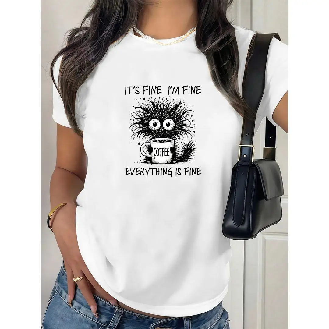 

I'm Fine Cat T-shirt | Everything Is Fine Funny Graphic Tee | Black Humor Sarcastic Top | Coffee Lover Short Sleeve Casual Shirt