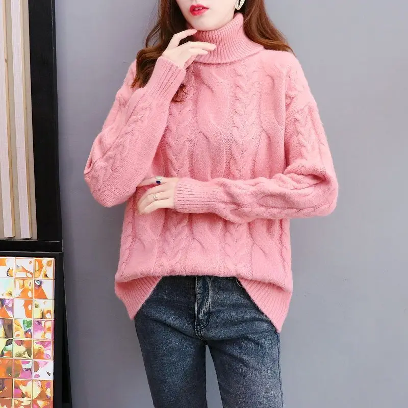 Vintage Autumn Winter Fried Dough Twist Knitting Sweaters Women New High-quality Long Sleeve Plush and Thicken Turtleneck Top