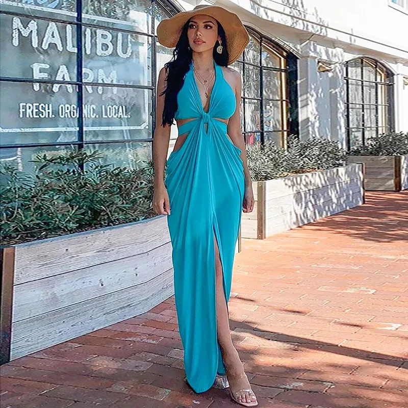 

Bohemian Fashion Women's Dress Summer 2023 Beach Casual Halter V-neck Party Sexy Hanging Neck Halter Hollow Maxi Dresses Robe