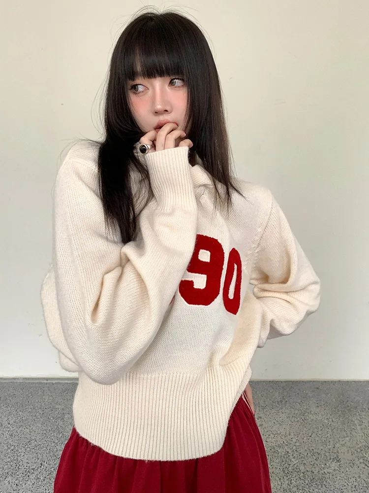 Autumn Y2k Aesthetic Harajuku Letter Patchwork Pullovers Womens Casual Sweater Sweet Vintage Grunge Crop Tops V Neck Streetwear