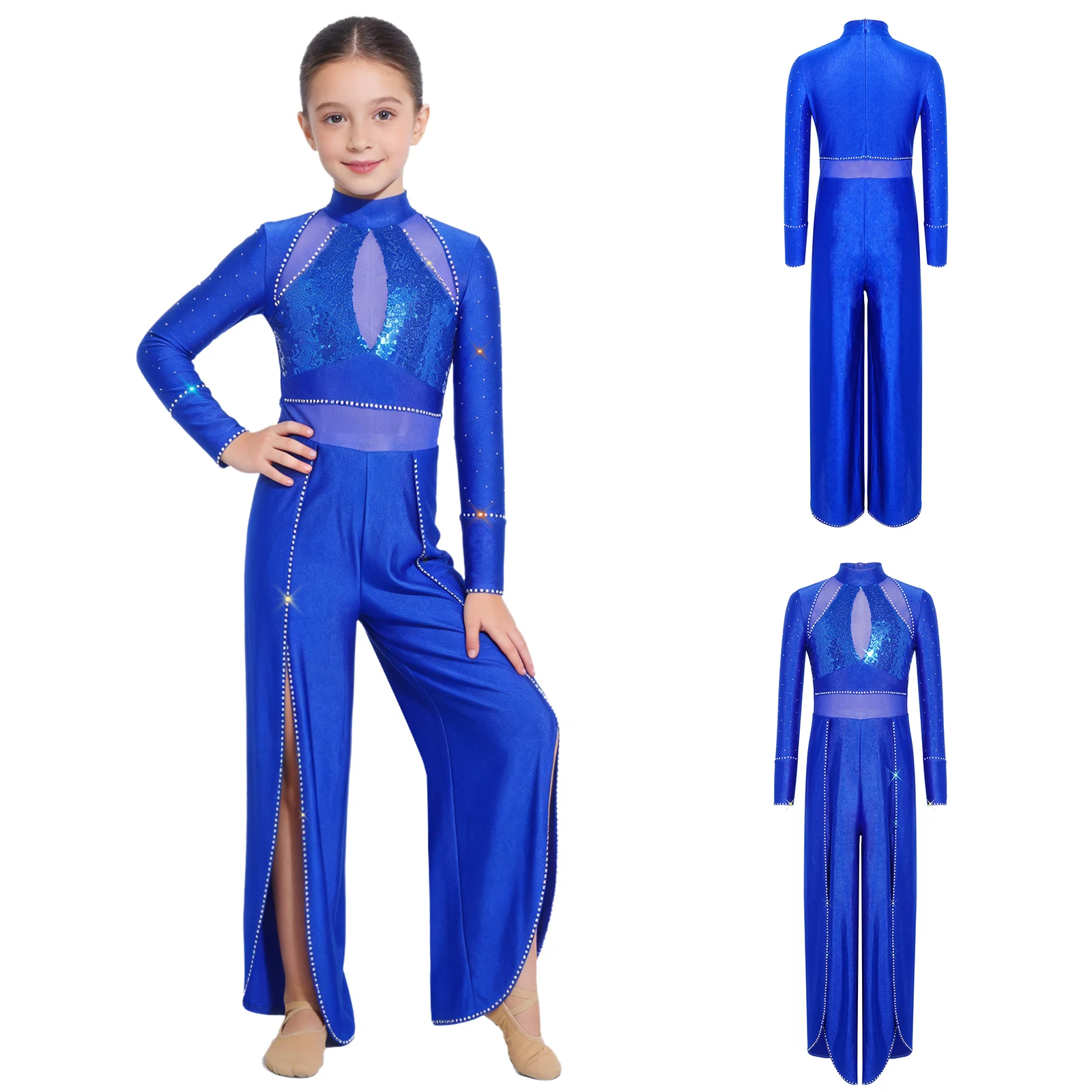 

Kids Girls Lyrical Dance Jumpsuit Ballet Gymnastic Skating Jazz Modern Dancewear Shiny Rhinestones Long Sleeve Wide-Leg Bodysuit