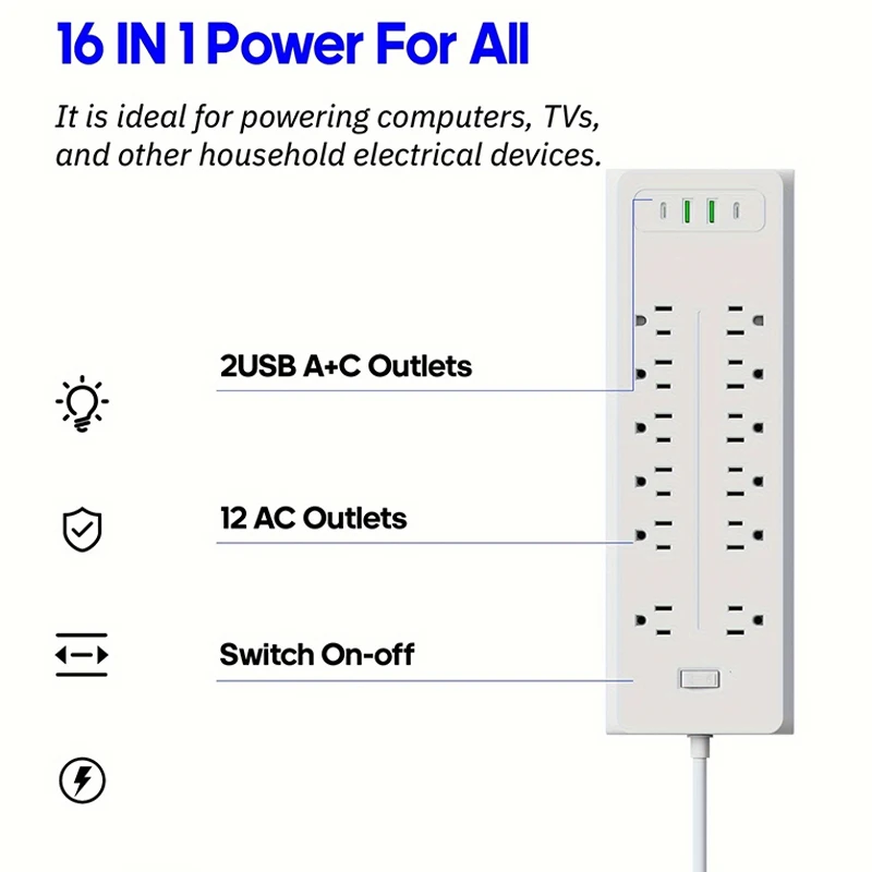 Power Strip US Plug AC Outlets Multitap Electrical Socket Extension Cord USB Type C Ports Fast Charging Network Filter Adapter