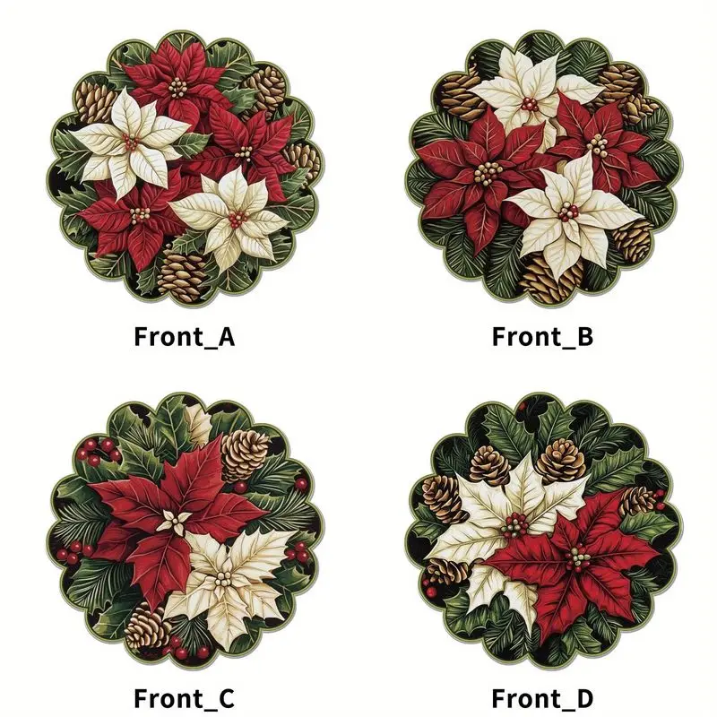 VIKAMA 2/4/6Pcs Christmas Linen Round Placemats Red White Poinsettia Pinecone Holly Berry Print Table Mats Xmas Party Home Decor