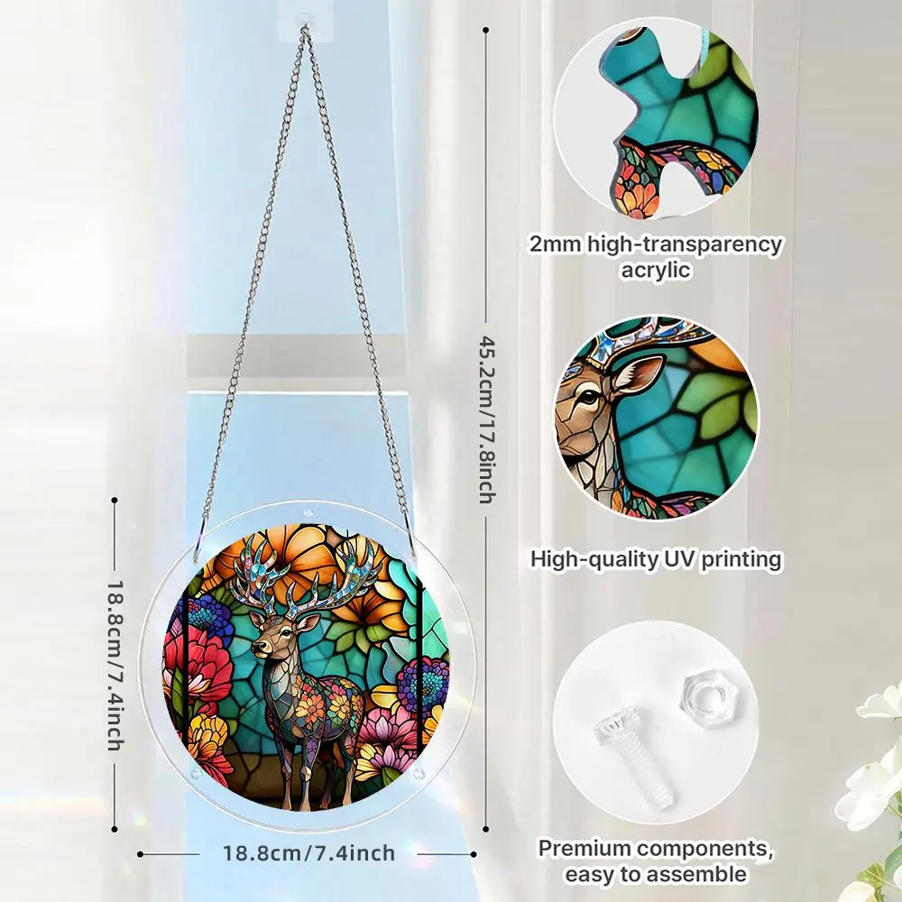Stained Glass Deer And Floral Pattern Acrylic Puzzle Garden Suncatcher, 57 Pieces Acrylic Jigsaw Puzzle Ornaments