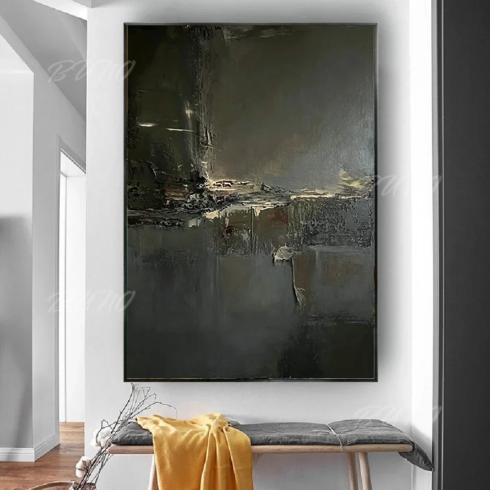 100% Handmade Hand-painted Abstract Oil Painting Original Dark Black Palette Knife Wall Art For Home Living Room Bedroom Decor