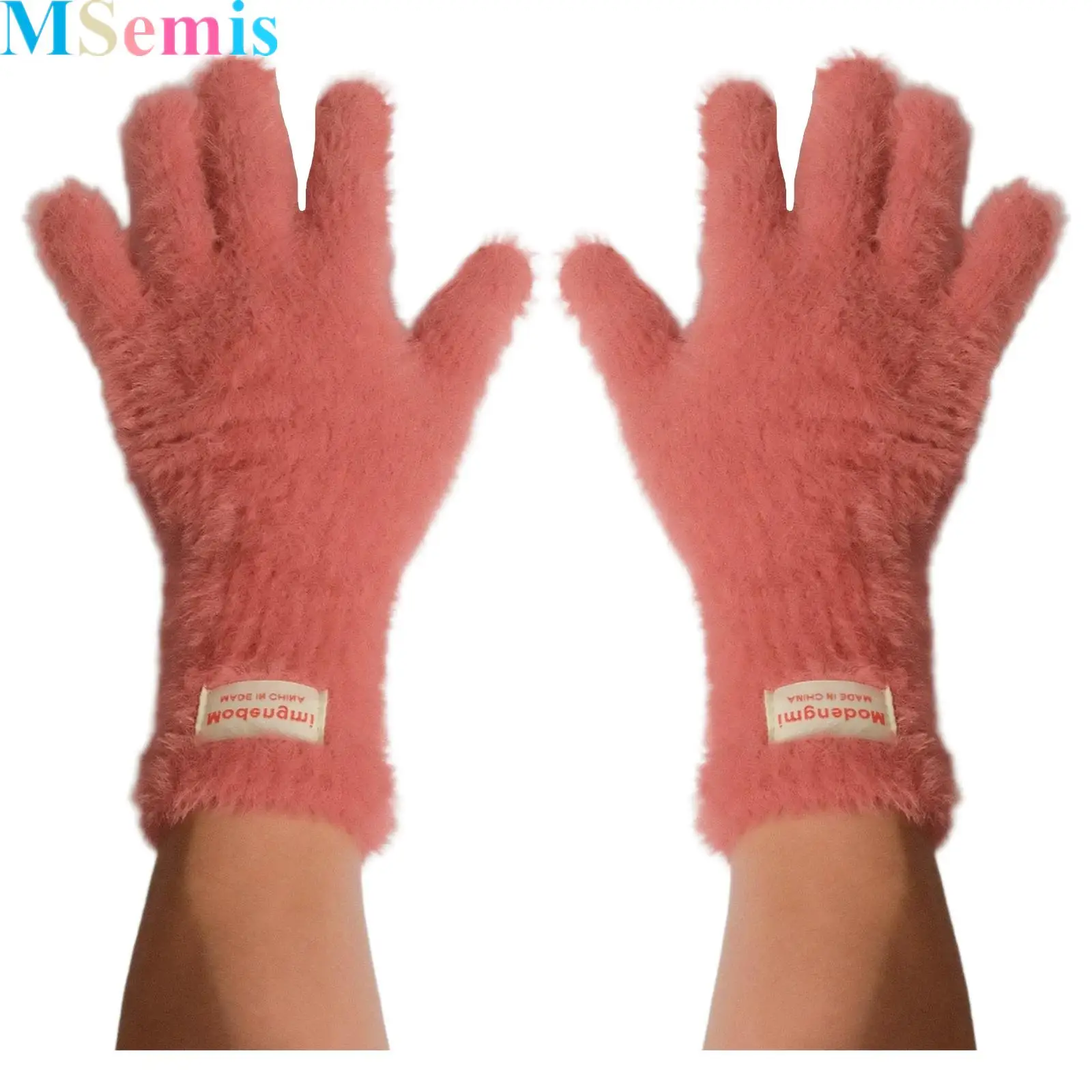 

1 Pair Mitten Plush Gloves Extended Warm Gloves Solid Color Touch Screen Elastic Thermal Knit Gloves