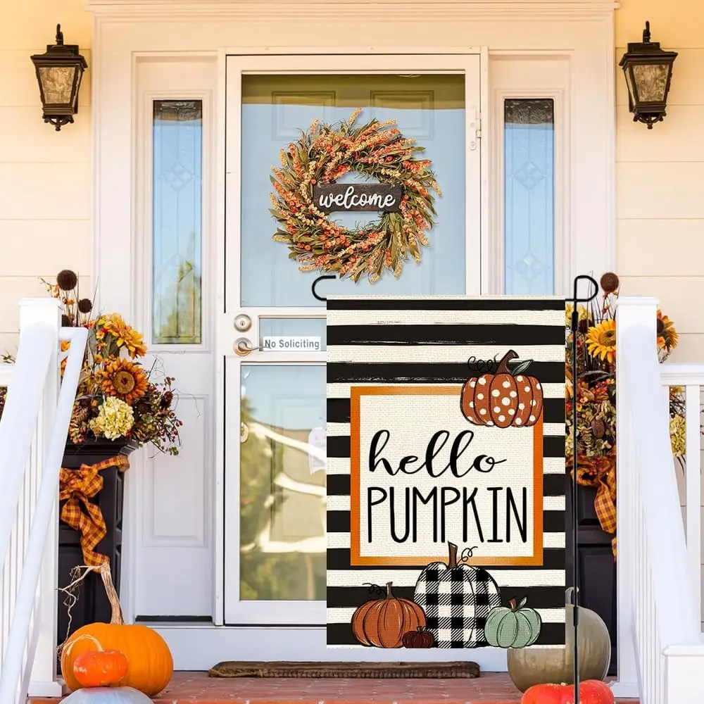 RABUSOFA Hello Pumpkin Fall Garden Flag 12x18 Inch Double Sided for Outside Burlap, Thanksgiving Autumn Outdoor Striped Decorati