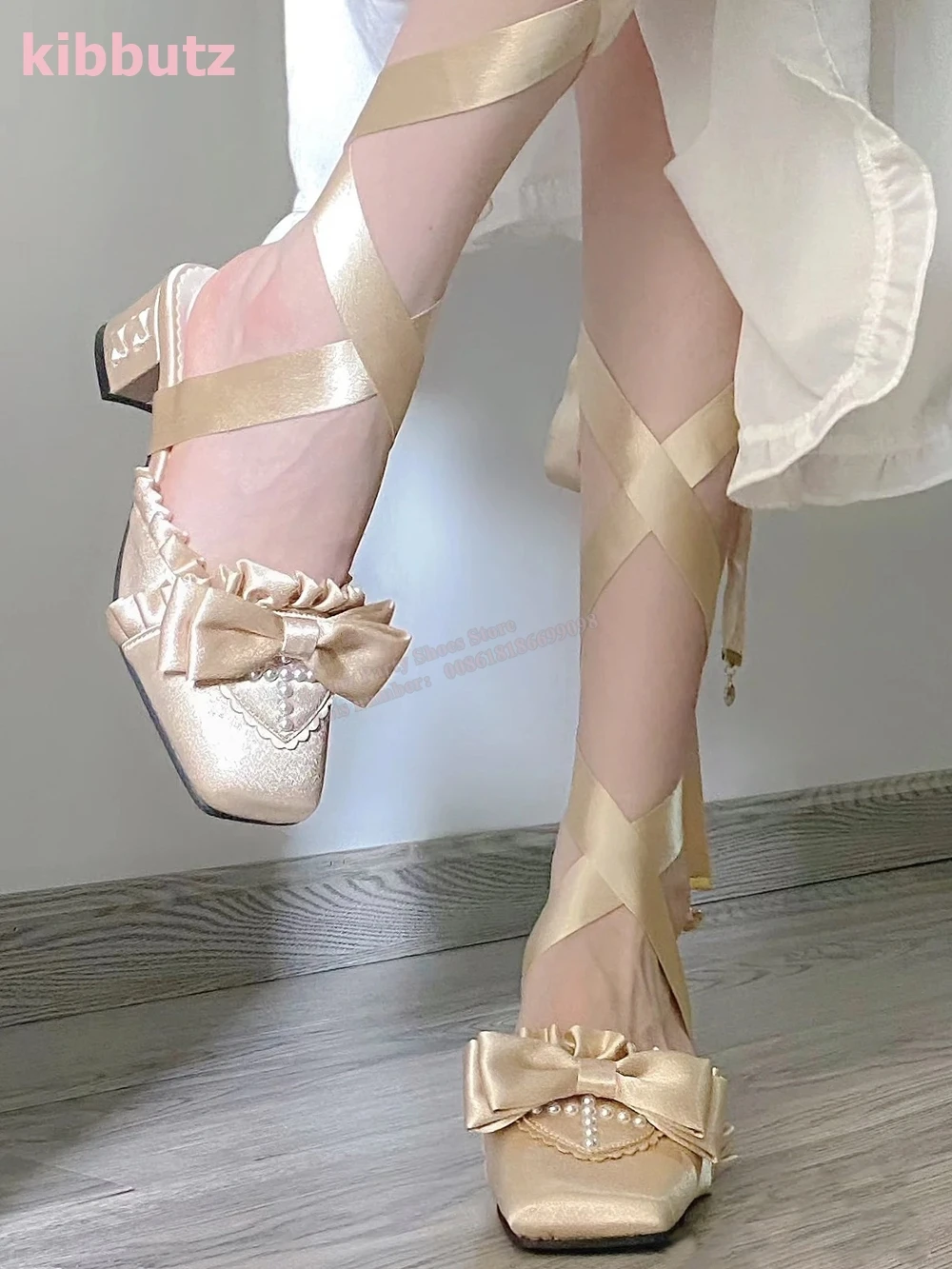 Satin Butterfly Bows Pumps Cross Strap Solid Color White Pearl Square Toe Square Heel Fashion Elegant Sexy Party Women Shoes New