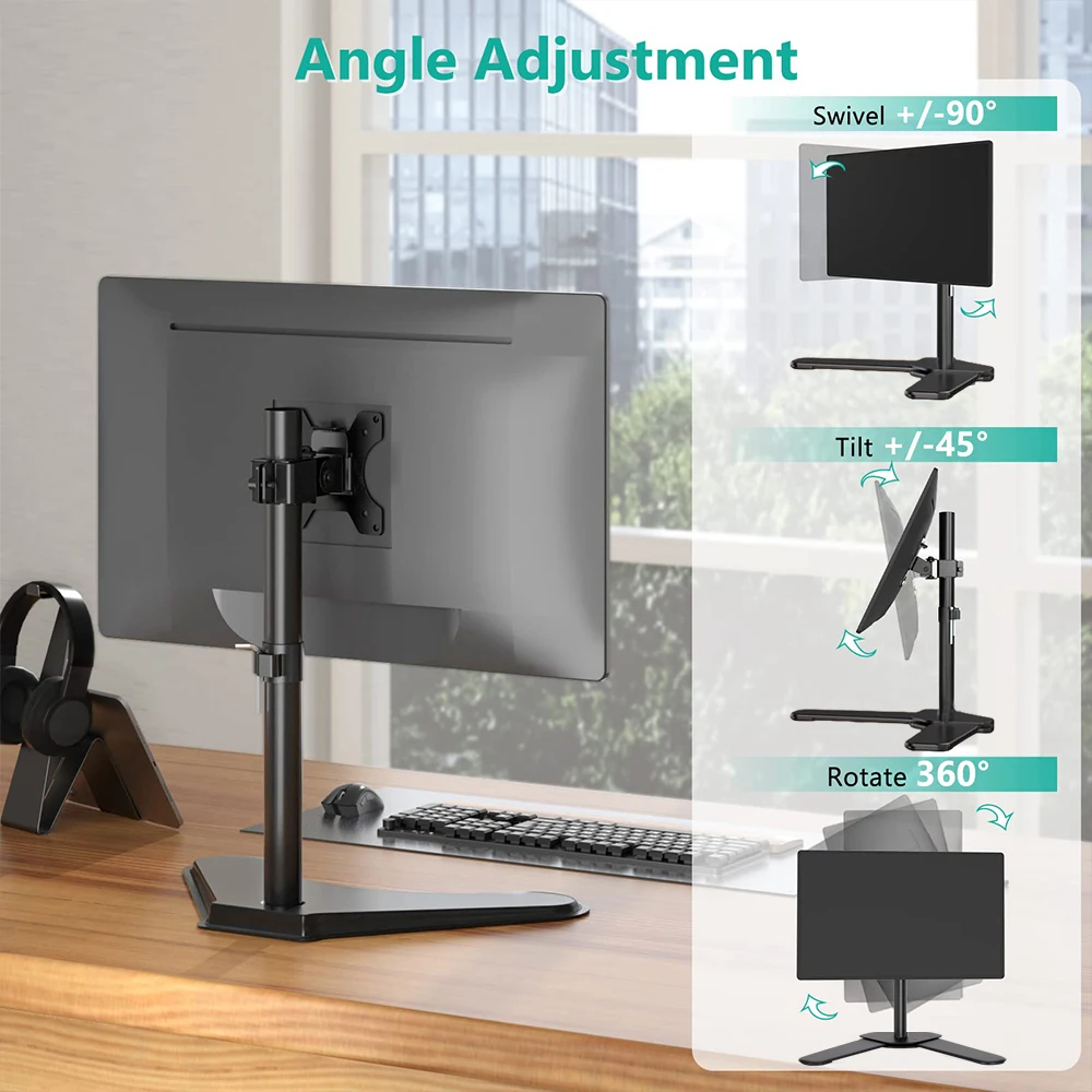 Imagem -03 - Suporte de Monitor Único Comporta Tela de até 32 Polegadas Suporte de Monitor Autônomo Universal com Altura Ajustável Inclinação Giro Rotação
