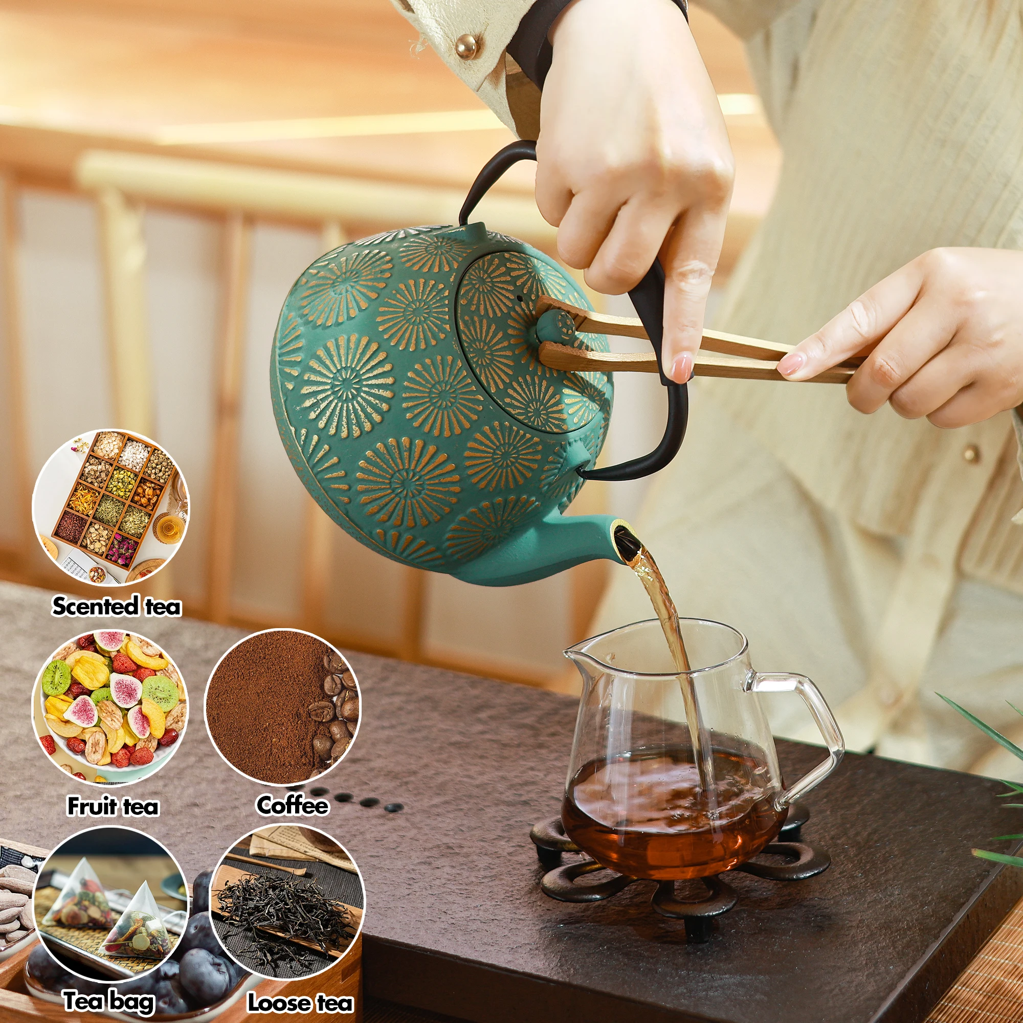 Cast Iron Teapot, Sakura Design Japanese Tea Pot for Loose Leaf Coatewith Enameled Interior, 1200ml Green