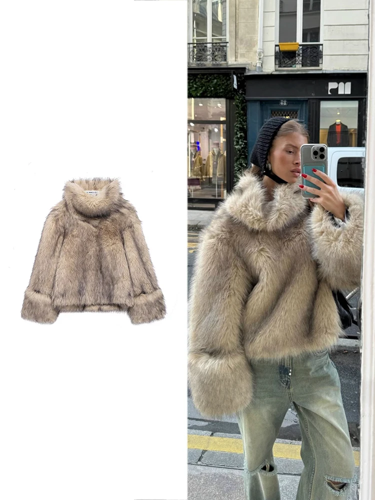 TRAF Women's Fashion Faux Fur Pullover Sweatshirt Retro High Street Long Sleeve Fluffy Coat Elegant Plush Thick Warm Coat