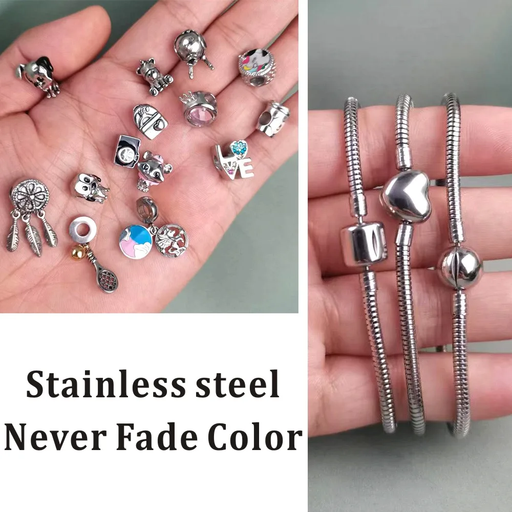 2023 New Real 100%Stainless Steel pandoraer Bracelets Snake Chain Charms Bracelet Fit Original open For Women DIY Jewelry