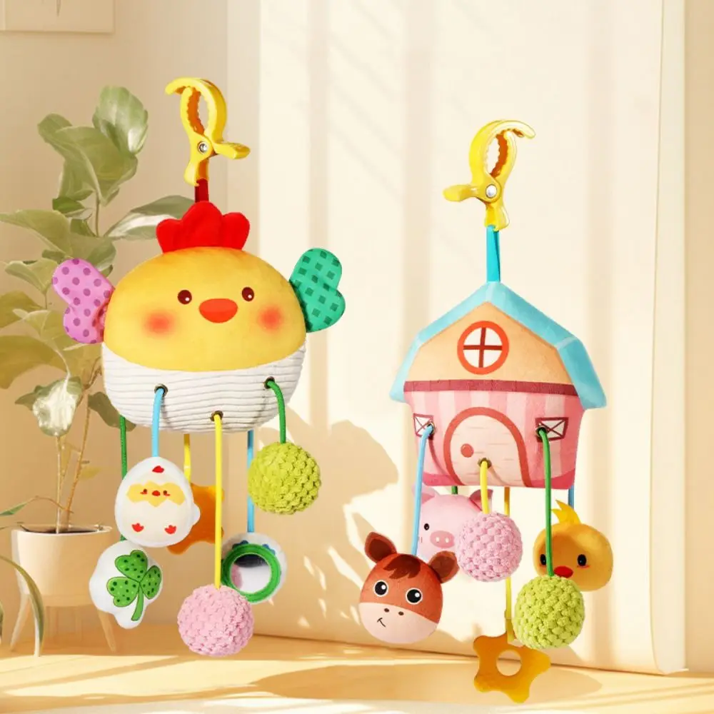 Krabbenförmiges Baby-Zugschnur-Spielzeug mit Klemme, verzerrender Spiegel, Plüsch, sensorisches Spielzeug, klingelnde Perlen, Beißring