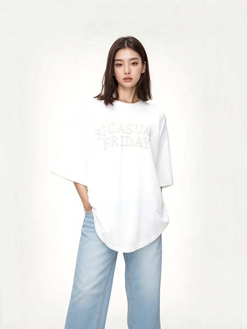 

Свободная женская футболка средней длины с круглым вырезом и коротким рукавом, белый топ, повседневный стиль, из чистого хлопка, летняя мода BLOOM WORLD