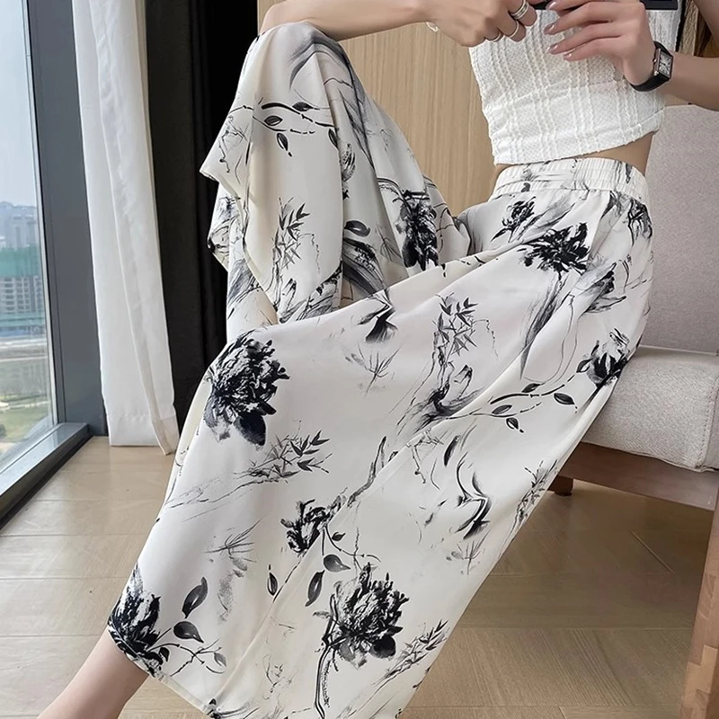 2025 Summer Ice Silk Beach Wide Leg Pants Women Bottoms Boho Printed Loose Calf-Length Pants