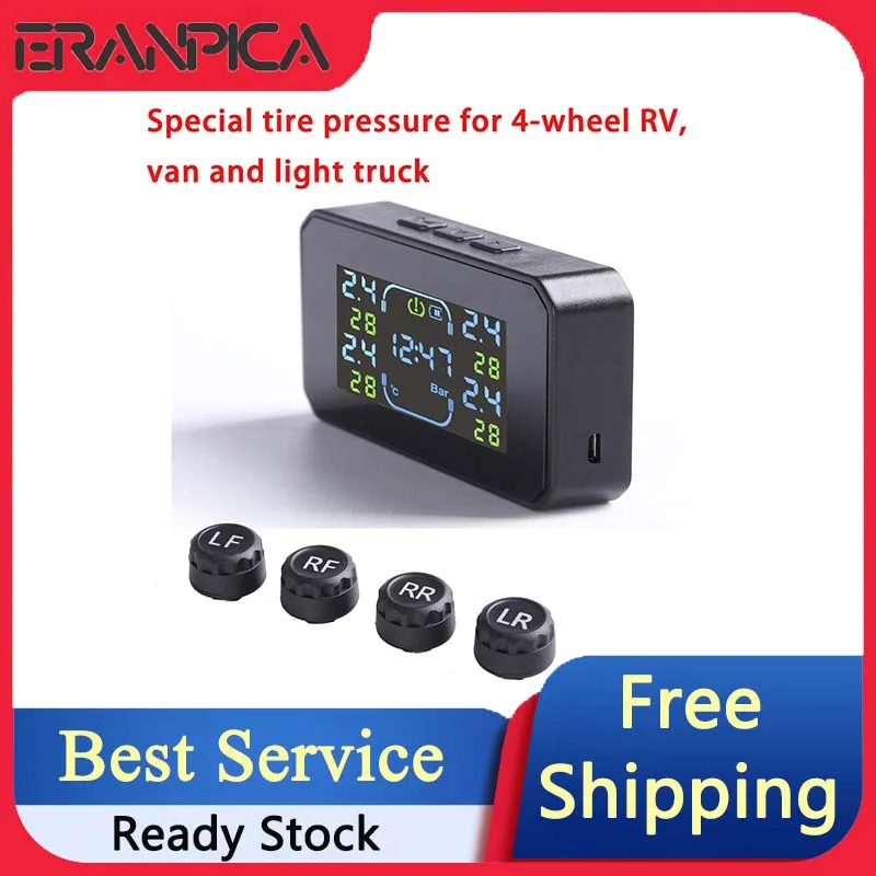 

Eranpica Wireless Alarms System Solar/USB TPMS For Cars Tire Pressure Monitor System External/Internal For 4-wheel RV Van Truck