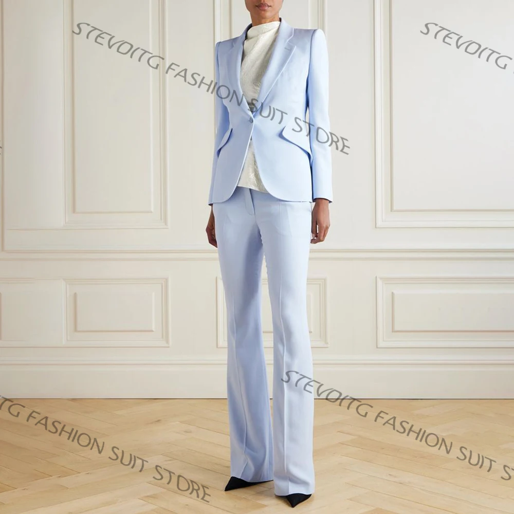 Sleek Light Blue Women's Suit Tailored Jacket+Flared Trousers Two Pieces Set Professional Office Attire and Formal Business Wear
