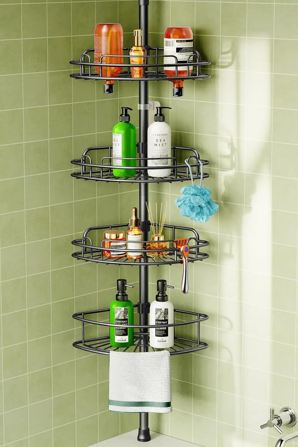 

Adjustable Tension Pole Shower Caddy: 4-Tier Rust-Resistant Bathroom Organizer, No-Drill Quick Installation for Renters - Black