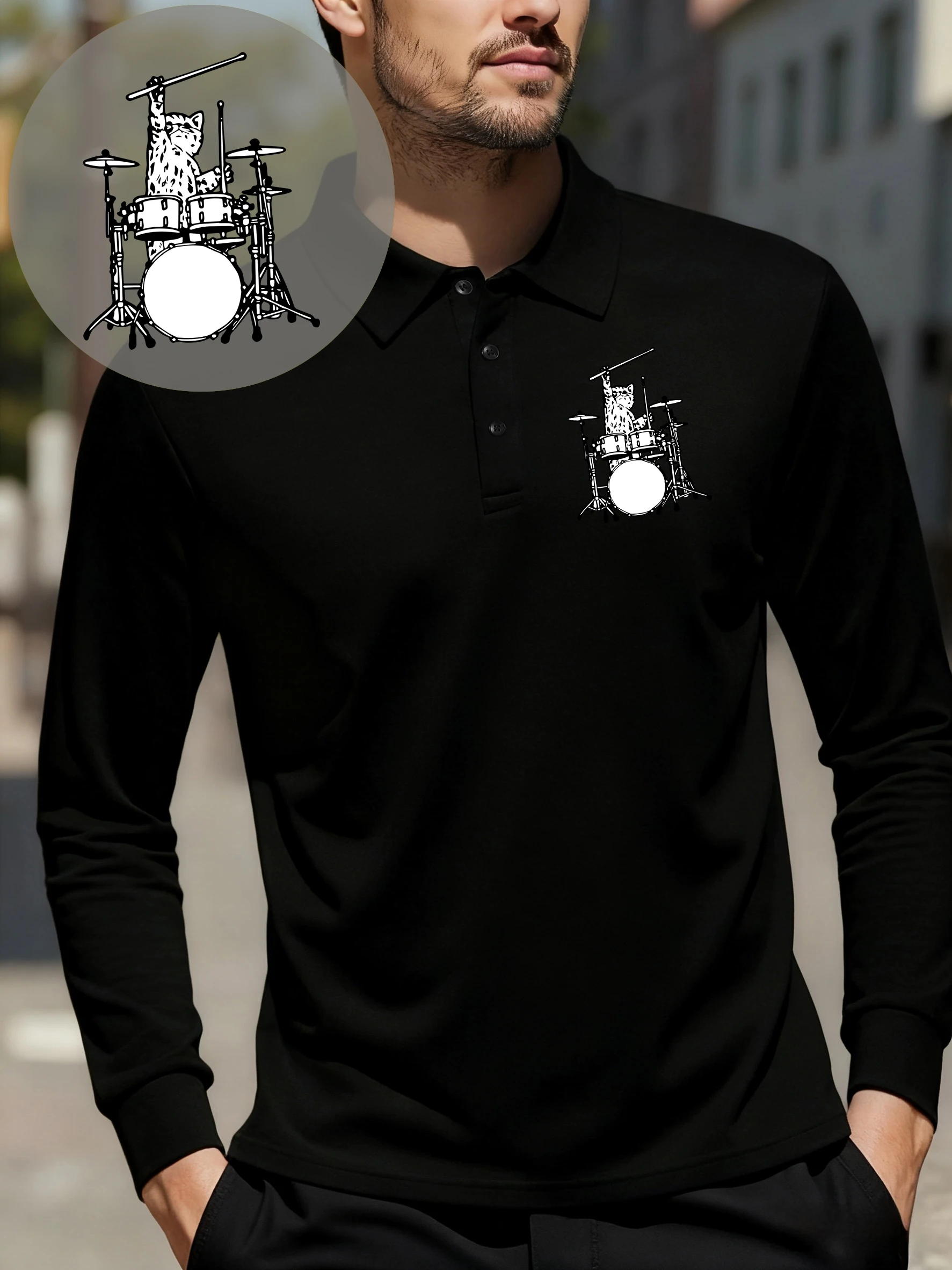 طبل الموسيقى القط الطباعة قمصان بولو رجالي كل مباراة ملابس الأعمال الصوف التلبيب تي شيرت الخريف الهيب هوب للجنسين ملابس رياضية #2