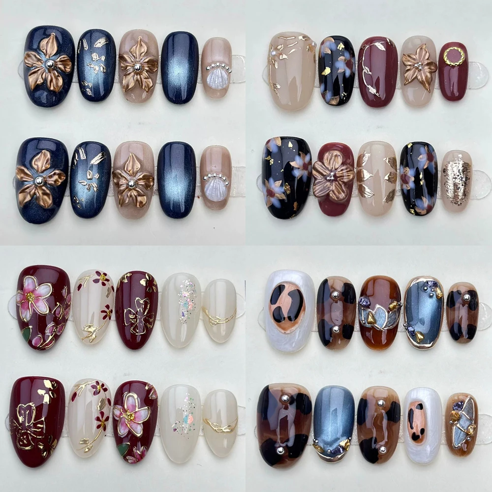 

10Pcs Vintage Maillard 3D Flowers Short Ellipse Handmade Wearable Full Cover Nails Cat Eyes Sequins Golden Lace Press On Nails