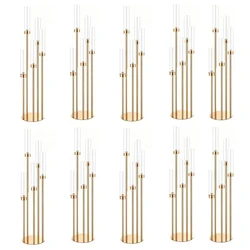 Gold Metal and Acrylic Candelabra Centerpiece 5 Arms Taper Candle Holder Clear Tubes Wedding Party Elegant Table Decor 10 Pcs