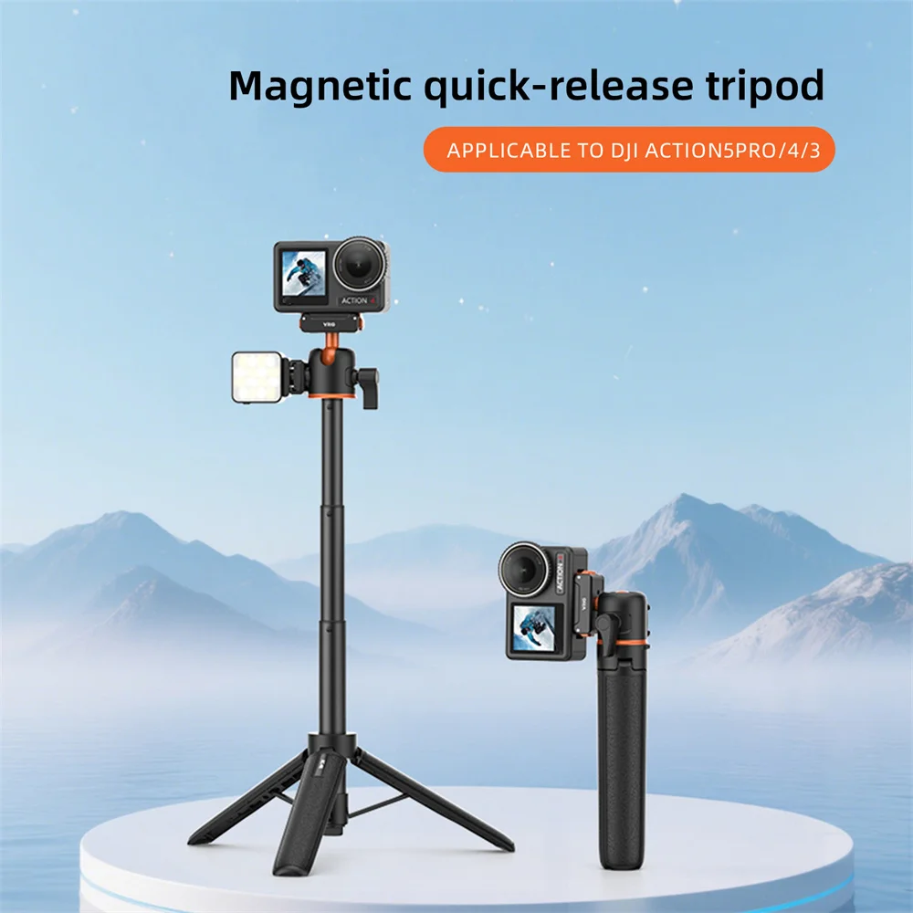 VRIG Magnetic Tripod for DJI Osmo Action 6 5 4 3 Adjustable Selfie Stick Stand Action Camera Accessories w 360 BallHead&ColdShoe