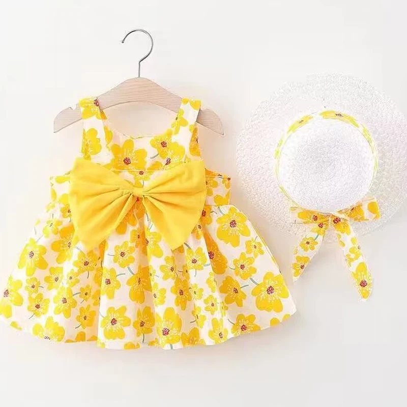 0-3-year-old baby clothes summer seaside vacation children's dress floral sleeveless bow girl princess dress+hat