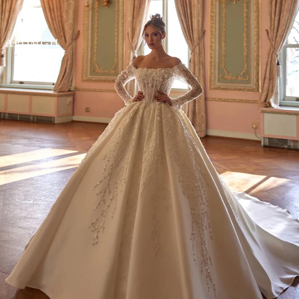 

Aedmgh A-Line Chic Graceful Wedding Dresses Boat Neck Long Sleeve Vestido De Novia Lace Beaded Luxury Custom Made Bridal Gowns