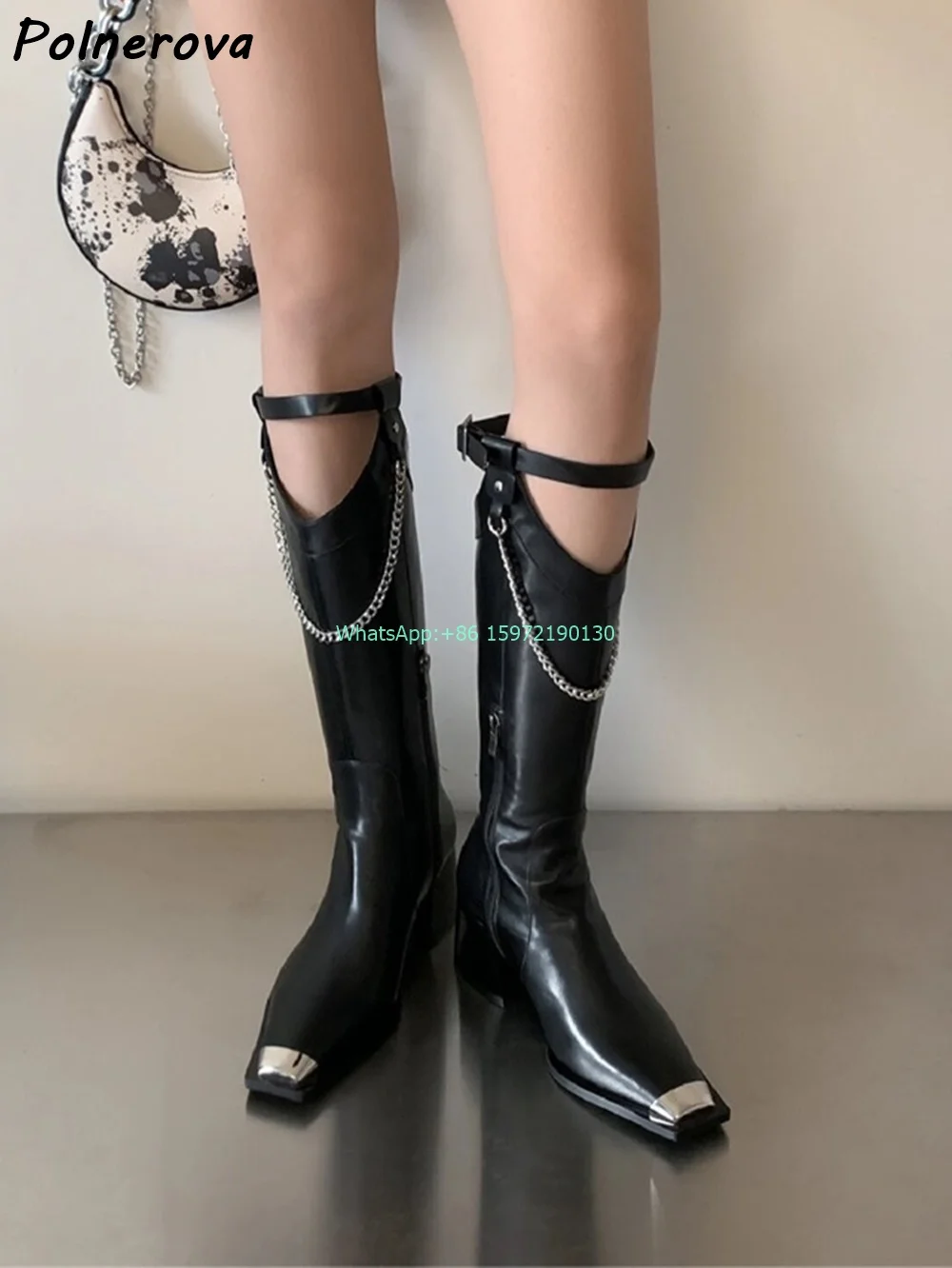 Metal Chain Knight Boots Square Toe Chunky Heels Zipper Hollow Boots Fashion All Match British Style Handsome Runway Boots